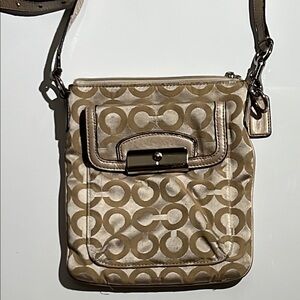 Coach Tan Signature Crossbody Bag with Metal Turn-Lock
